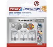 tesa Powerstrips Ganchos Adhesivos Pequeños - Colgadores con Percha de Metal Desmontable - Soporte Reutilizable para Baño o Cocina - Montaje sin Taladrar - Transparente - 3 Ganchos, 4 Powerstrips