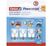 tesa Powerstrips Ganchos Adhesivos Pequeños - Colgadores con Percha de Metal Desmontable - Soporte Reutilizable para Baño o Cocina - Montaje sin Taladrar - Blanco - 3 Ganchos, 4 Powerstrips