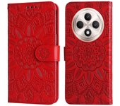 Para Oppo Reno12 F 4G Funda de teléfono con estampado de girasol Cartera de cuero Rojo