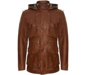 Infinity Leather Abrigo de cuero bronceado con capucha de longitud media de varios bolsillos para hombre Tan M