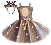 Navidad Vestido de ciervo para niños Enviar aro de pelo Traje de niñas Falda de malla Princesa Tutu Falda de princesa Falda de princesa Marrón 10-12Y