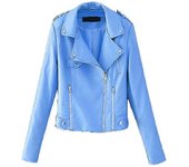 Solapa Manga Larga Cremallera Bolsillo Mujer Chaqueta Otoño Invierno Color Sólido Piel Sintética Chaqueta Chaqueta De Moto Abrigo Ropa De Calle Azul M