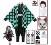 Lequeen Demon Slayer Kimetsu No Yaiba Tanjirou Kamado Cosplay Disfraz Kimono Navidad Anime Uniforme Set para niños adultos Juego de 9 piezas L
