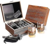 Juego de vasos de whisky - Caja de regalo de madera fina, con 2x vasos de whisky, 8x piedras de whisky de granito, bolsa de terciopelo y clip, rega...