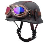 Casco de media cara de cuero vintage de motocicleta, casco retro de cara abierta para hombres adultos y mujeres, con gafas y visera oculta, para sc...