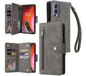Foxdock Compatible con OnePlus Nord 2 5G Funda PU Cuero PU Magnetic Flip Zipper Tarjetero Funda de cartera Gris