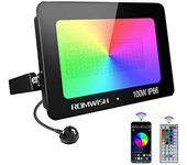 Reflector LED Romwish al aire libre 100W RGB Luces exteriores alimentado por la red eléctrica Aplicación Bluetooth que cambia de color y control re...