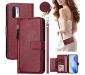 Foxdock Funda plegable para Samsung Galaxy Note 10 Plus Protection Funda de cartera con cremallera de cuero PU suave con tarjetero y correa larga rojo