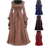 Vestido medieval Mujeres Cordón hasta manga larga Longitud del piso Vestido medieval Disfraz de Halloween Azul XXXXL