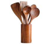 Cucharas de madera para cocinar Utensilios de madera de teca Juego de espátula de madera para utensilios de cocina antiadherentes Juego de utensili...