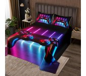 Kerota Colcha acolchada de consola de videojuegos para niños, niños, adolescentes, conjunto de edredón de neón degradado, funda de cama de controla...