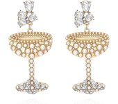 Heytea Pendientes colgantes creativos de copa de vino de champán Cuentas de perla de diamantes de imitación de cristal brillante Pendientes de bote...