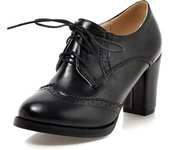 Zapatos de tacón grueso para mujer Oxfords Vintage Wingtip Brogues Zapatos de tacón alto con cordones Botines de tacón alto Zapatos de vestir Negro...