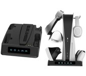 unbrand Soporte de carga para PS5 y PSVR2 Soporte vertical multifuncional con ventilador de enfriamiento y estación de carga de controlador dual, c...