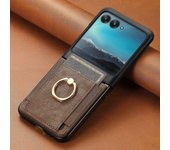 Starice Funda de teléfono retro con textura de cuero para Motorola Razr 50 Ultra / Razr 50 con ranura para tarjetas y anillo Marrón