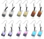 Heyone 6 Pares Creativos Únicos Bubble Boba Tea Pendientes Colgantes Personalidad Divertida Pendiente de Bebida de Té con Leche Botella de Vidrio C...