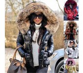 Mujer Invierno Piel Sintética Capucha Abrigo Plumífero Señora Chaqueta Acolchada Acolchada Gruesa Parka con Cremallera negro M