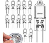 10pcs G4 Bombillas halógenas 10W 12V Cápsula transparente Bombilla de lámpara de 2 clavijas Base de clavija halógena blanca cálida regulable
