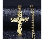 Collar Colgante Cruz Árbol de la Vida de Acero Inoxidable Color Plata Hombres Mujeres Collar Estético Joyería Árbol de la Vida N3018S02 A 50 cm O GD