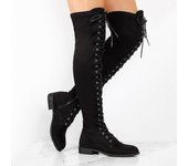 Botas de mujer sobre la rodilla Zapatos planos con cordones altos para muslos Negro 43