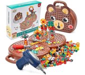 Barsinfi Caja de herramientas de creatividad Taladro Diseño Rompecabezas Construcciones Juguetes, 203 piezas Mosaico Puzzle Juguete, marrón