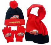 Coches para niños Lightning Mcqueen Cartoon Warm Knit Hat Bufanda y guantes Set Kit para 3-8 años Rojo negro