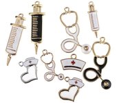 9x Estetoscopio Jeringa Enfermera Gorra Sombrero Charm Nurse Tema Colgante Charms para bricolaje