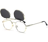 Gafas de sol Flip Up Hombres Mujeres Polarizadas Steampunk Flip Gafas de sol con lentes dobles Lente gris de marco dorado