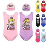 Más nuevo Princess Peach Kids Top Traje de baño Traje de baño Monokini Bikini Cap Set Rojo 160CM 11-12Y