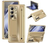 Para Samsung Galaxy Z Fold6 5G Kickstand Case Bisagra Cubierta de teléfono de PC con película de vidrio templado / lápiz óptico Oro