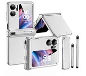 Para Oppo Find N2 Flip 5G Bisagra Protección Funda Teléfono PU Cuero + PC Cubierta plegable con bolígrafo Plata galvanizada Blanco