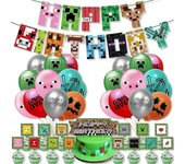 Minecraft Tema Fiestas de cumpleaños Decoraciones Suministros Globos Kit Banner Cake Toppers