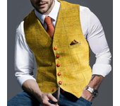 Hombres Enrejado V-cuello de un solo pecho Slim Fit Chaleco Chaleco Business Chaleco Chaleco Amarillo L
