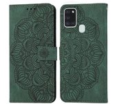 Para Samsung Galaxy A21s Mandala Funda de teléfono de cuero plegable en relieve Verde