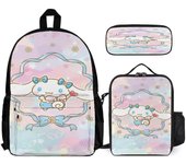 Cinnamoroll Backpack Juego de 3 piezas Mochila para computadora portátil con estuche de lápices Combinación de bolsa de almuerzo One Size