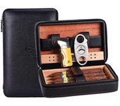 Juego de estuche de cigarros Humidor de madera de cedro Caja de cigarros portátil de cuero con guillotina de cigarros más ligera Negro