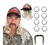 Exótico Tigre Rey Conjunto de Traje Peluca Sombrero + Barba + Pendientes Traje de Juego de Rol Cosplay Adulto Peluca Rubia con Sombrero Clip Pendie...