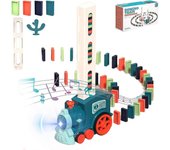 Tren Automático Dominó Tren Juguete Locomotora Eléctrica Trenes Dominó Juguete Coche Niños Juguete con Sonido Azul claro 60pcs Dominoes excluding t...