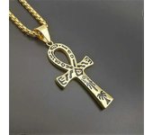 Místico egipcio Ankh Cross Collar colgante para hombres Color de oro Acero inoxidable Egipto Jeroglíficos Charms Joyería Color dorado 68cm