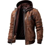 Chaqueta de moto de cuero marrón para hombre con capucha extraíble-jie S
