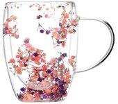 Creativos Real Flor Doble Vidrio Alto Nivel de Apariencia Estrella Completa Leche Seca Flor Taza de Café 350ml Taza Doméstica B PinkPurple