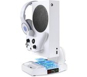 Werleo Soporte vertical con ventilador de enfriamiento para consola Xbox Series S, estación de carga de controlador dual, velocidad del viento ajus...