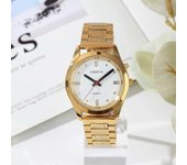 Reloj parlante francés con función de alarma, fecha y hora parlantes, esfera blanca, cierre plegable, caja dorada TAG-404