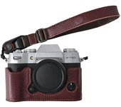 Para estuche de cámara Fujifilm X-T50 Protector de cuero de vaca genuino de apertura grande con correa para la muñeca Café