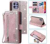 Para Motorola Edge 50 Pro 5G Case 9 ranuras para tarjetas Cubierta de teléfono de billetera de cuero con bolsillo con cremallera Oro de Rose