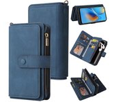 Foxdock Compatible con OPPO A74 4G / F19 4G PU Cuero Cierre magnético Quince ranuras para tarjetas Cremallera Poket Estuche para teléfono Azul