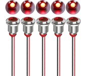 5 piezas de 12 mm 12 mm 12 / 24 V CC LED Luz indicadora de metal Lámpara de señal a prueba de agua Piloto Dash direccional con cable (rojo)