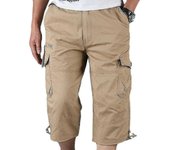 Hombre 3/4 Largo Largo Largo Pantalones Cortos Elásticos Cintura Cargo Combate Tres Cuartos Pantalones Caqui L