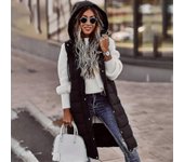 Chaqueta de bolsillo acolchada de color sólido para mujer con capucha de un solo pecho chaleco acolchado de longitud media sin mangas Negro M