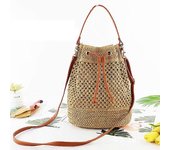 Lady Straw Bag Bucket Bag Beach Bag Shoulder Bag Hand Woven Crossbody Drawcord beige/marrón Light Brown